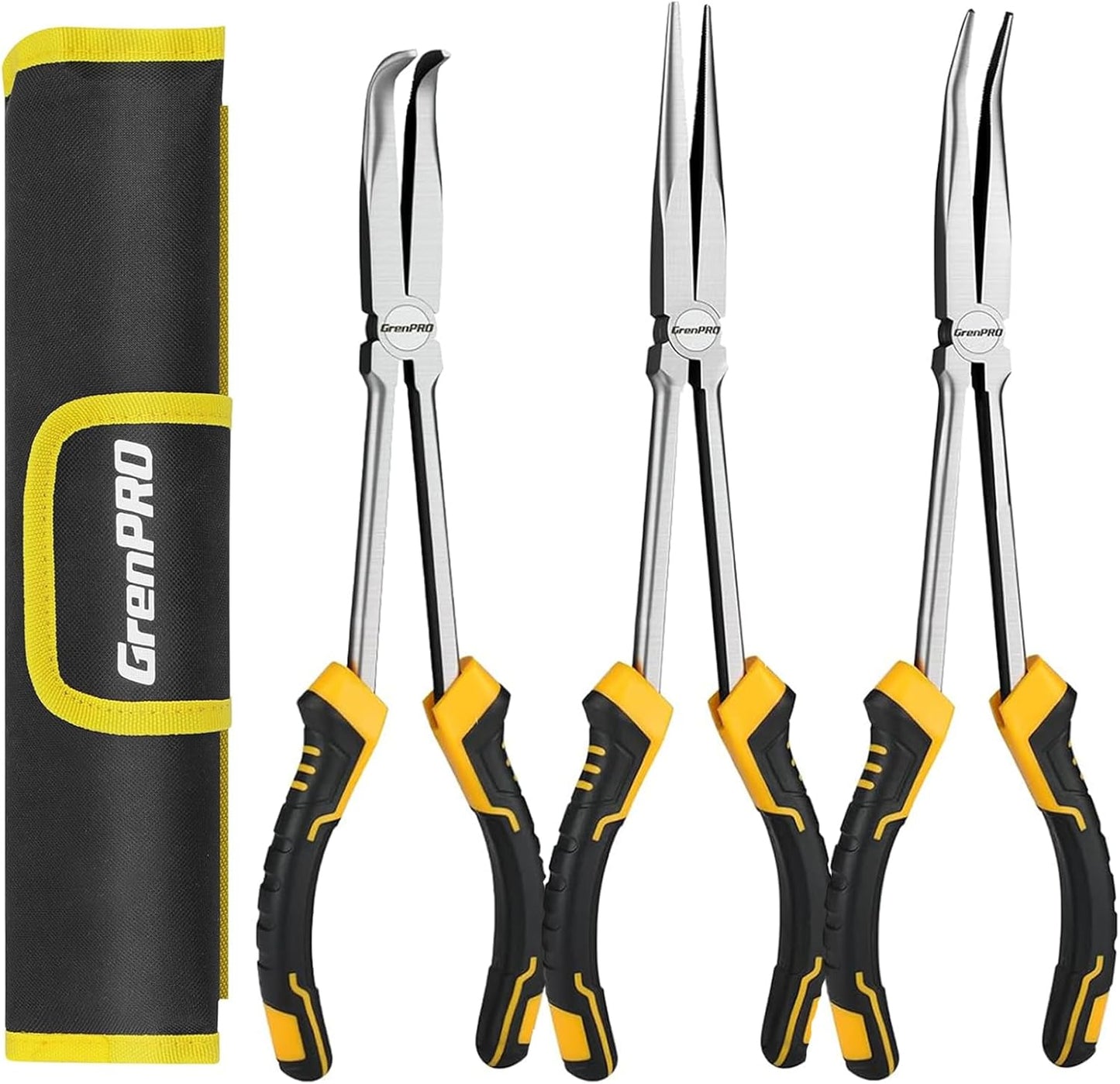 Needle Nose Pliers Set 3-Piece - 11" Extra Long Reach Pliers with Straight, 45° & 90° Bent Tips, CR-V Steel for Precision Work