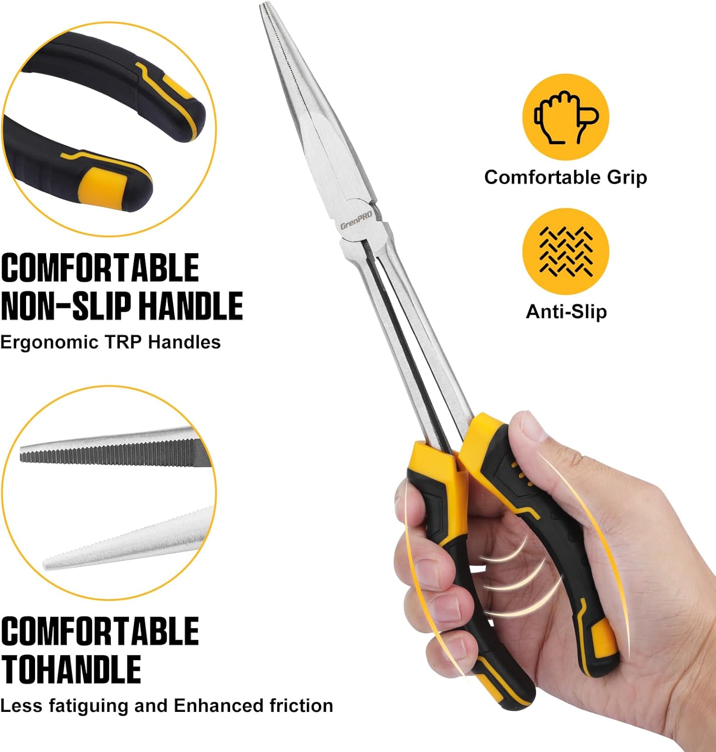 Needle Nose Pliers Set 3-Piece - 11" Extra Long Reach Pliers with Straight, 45° & 90° Bent Tips, CR-V Steel for Precision Work