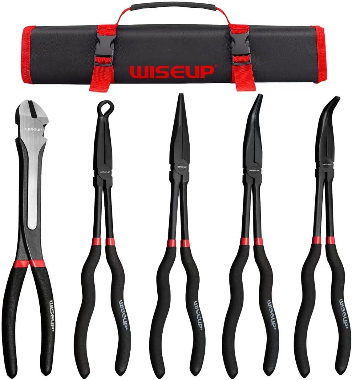 WISEUP 5-Piece Long Needle Nose Pliers Set - 11" Premium Carbon Steel, Straight/45°/90° Bent Nose & Diagonal Cutters for Precision Work in Narrow Spaces"