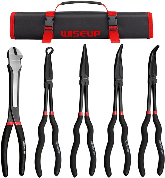 WISEUP 5-Piece Long Needle Nose Pliers Set - 11" Premium Carbon Steel, Straight/45°/90° Bent Nose & Diagonal Cutters for Precision Work in Narrow Spaces"