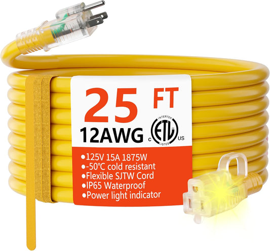 HUANCHAIN 25 FT Heavy Duty Outdoor Extension Cord - 12/3 Gauge 15A 1875W, Waterproof Yellow Cable with Lighted End, Cold-Resistant, ETL Listed
