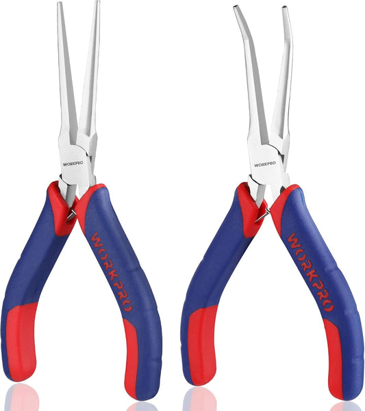 WORKPRO 2-Piece 6" Mini Needle Nose Pliers Set - Long & Bent Nose Jewelry Pliers with Comfort Grip for Wire Wrapping & Crafts