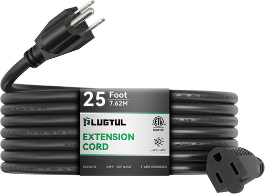 25 FT Outdoor Extension Cord - Heavy Duty 16/3 Gauge Waterproof Power Cord, 13A 1625W, 3 Prong SJTW, ETL Listed for Garden, Home & Outdoor Use