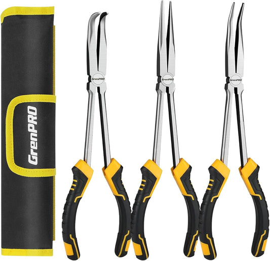 Needle Nose Pliers Set 3-Piece - 11" Extra Long Reach Pliers with Straight, 45° & 90° Bent Tips, CR-V Steel for Precision Work