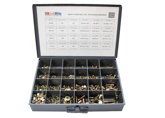 1250-Piece Grade 8 Coarse Thread Hardware Kit - Hex Bolt, Nut & Washer Assortment (SAE Sizes) - Heavy-Duty Fastener Set"