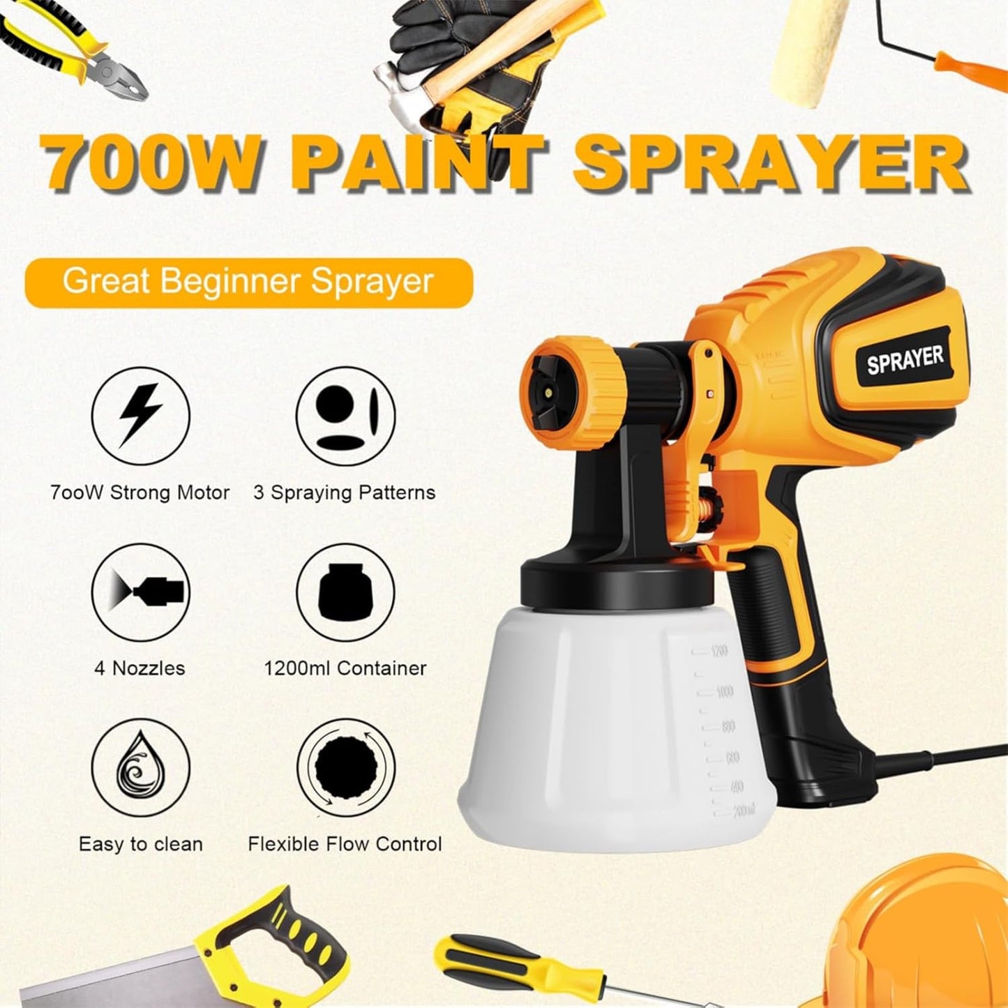 700W HVLP Paint Spray Gun Pro Kit: 4 Nozzles, 3 Patterns + Cleaning & Blowing System – Transform Furniture, Walls, Fences & More!