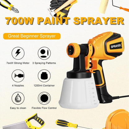 700W HVLP Paint Spray Gun Pro Kit: 4 Nozzles, 3 Patterns + Cleaning & Blowing System – Transform Furniture, Walls, Fences & More!