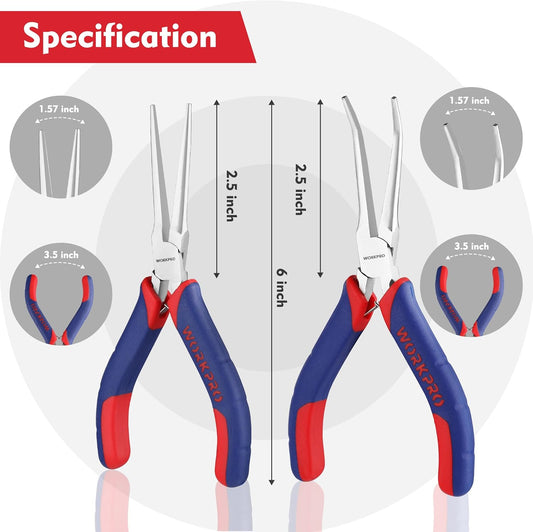 WORKPRO 2-Piece 6" Mini Needle Nose Pliers Set - Long & Bent Nose Jewelry Pliers with Comfort Grip for Wire Wrapping & Crafts