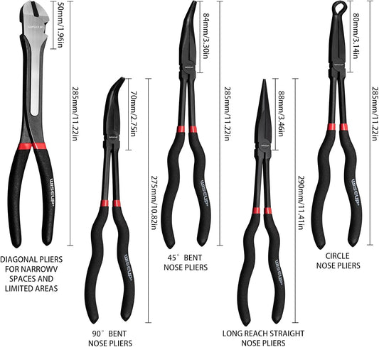 WISEUP 5-Piece Long Needle Nose Pliers Set - 11" Premium Carbon Steel, Straight/45°/90° Bent Nose & Diagonal Cutters for Precision Work in Narrow Spaces"