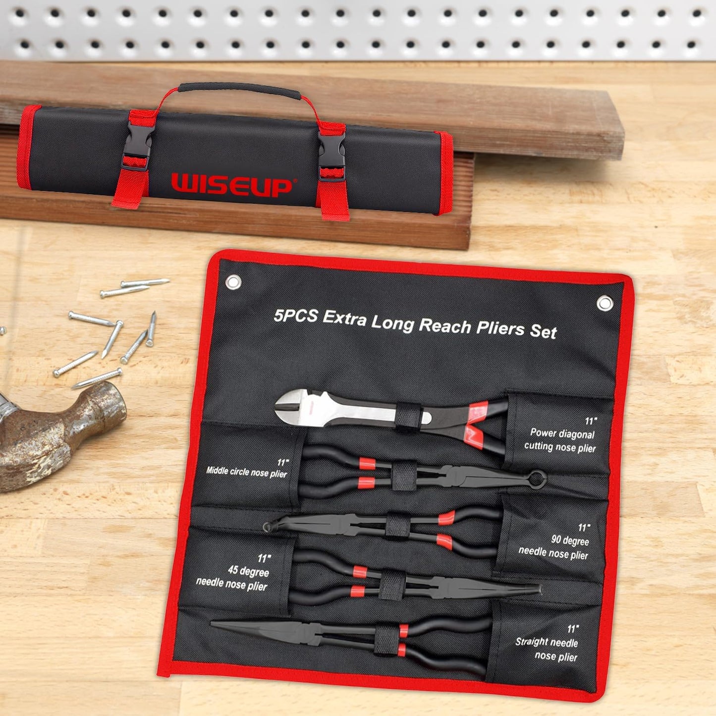 WISEUP 5-Piece Long Needle Nose Pliers Set - 11" Premium Carbon Steel, Straight/45°/90° Bent Nose & Diagonal Cutters for Precision Work in Narrow Spaces"
