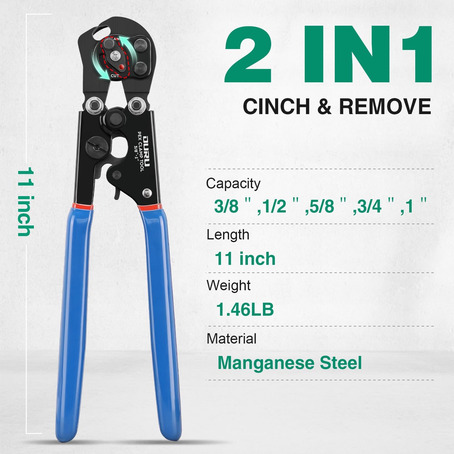 2 IN 1 Ratchet Pex Crimping Tool Cinch and Remove Combo Function Pex Pipe Crimp Tool from 3/8" to 1" Pex Crimper with Pex Cutter and Stainless Steel Pex Clamps 1/2" 25PCS, 3/4" 10PCS in Plastic Box