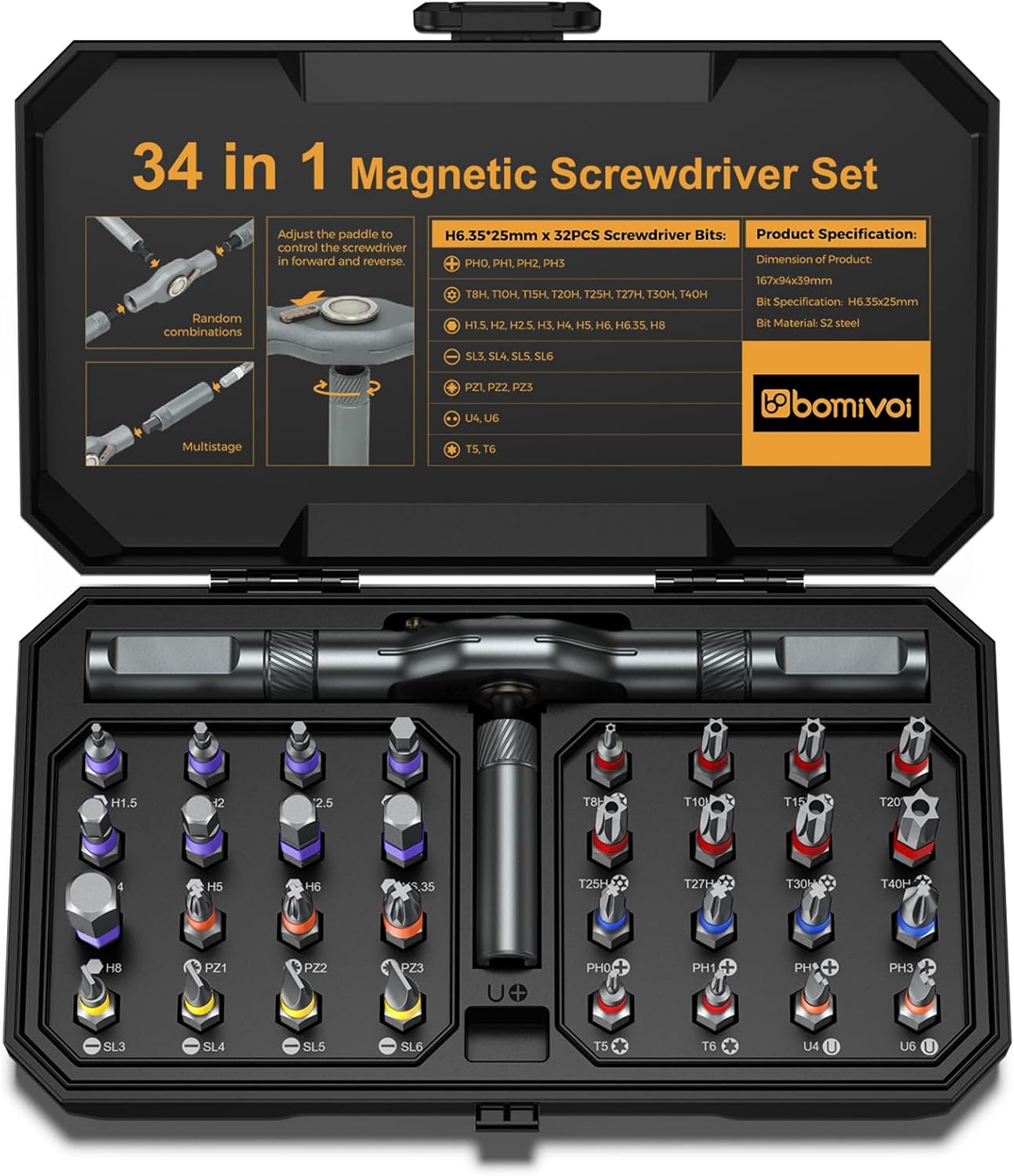 34 in 1 Magnetic Screwdriver Set, DIY Ratchet Screwdriver Set, Multi Bit Magnetic Drive Sets with Ratcheting Handle, Handy Repair Tool Kit for Electronics, Bike, Furniture, DIY, Computer