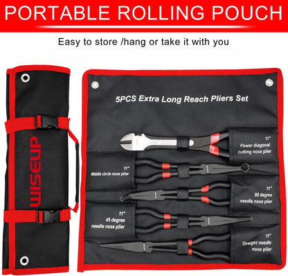 WISEUP 5-Piece Long Needle Nose Pliers Set - 11" Premium Carbon Steel, Straight/45°/90° Bent Nose & Diagonal Cutters for Precision Work in Narrow Spaces"