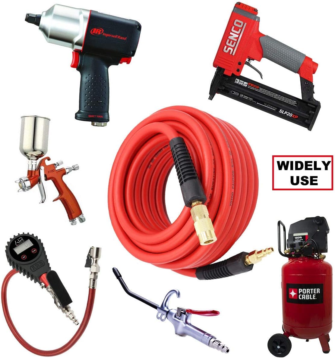 YOTOO 3/8" x 50' Hybrid Air Hose - 300 PSI Heavy Duty, Lightweight & Kink Resistant with 1/4" Brass Fittings & Bend Restrictors (Red)