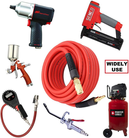 YOTOO 3/8" x 50' Hybrid Air Hose - 300 PSI Heavy Duty, Lightweight & Kink Resistant with 1/4" Brass Fittings & Bend Restrictors (Red)